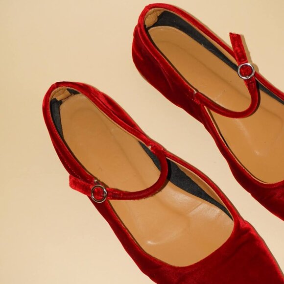 Aeyde Uma Red Velvet Mary Jane Flats - Size 38 - Picture 4 of 8